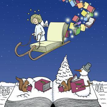 Bild Christkind mit Büchern auf Schlitten